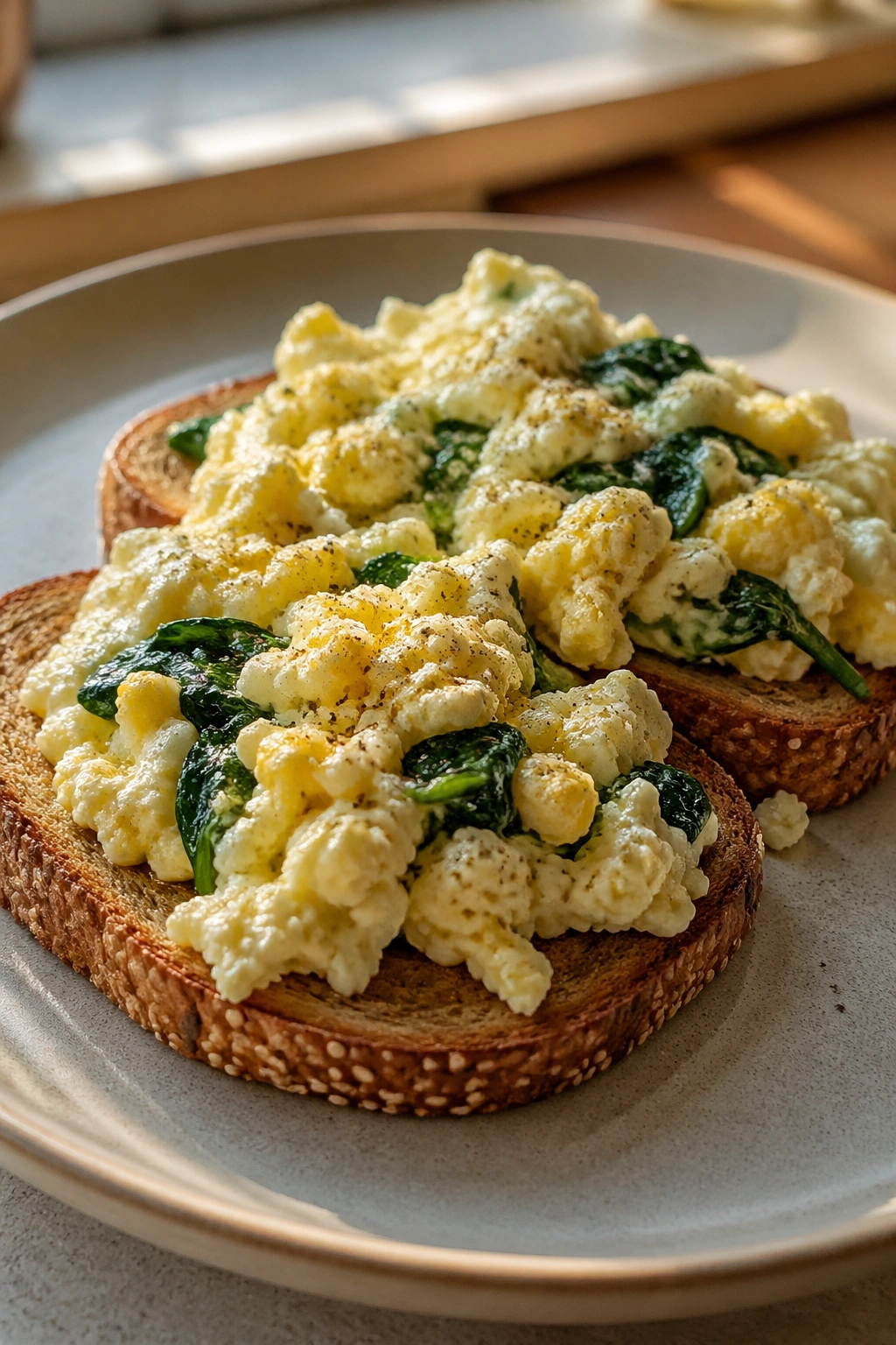 Close-up of egg white scramble on whole-grain toast in a sunny kitchen