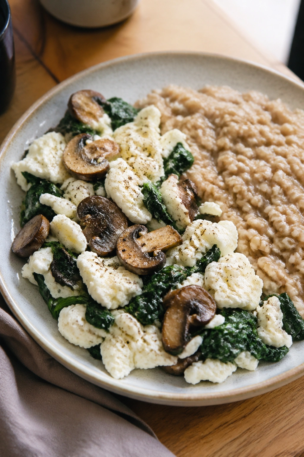 Close-up of egg white spinach scramble with oats on a plate