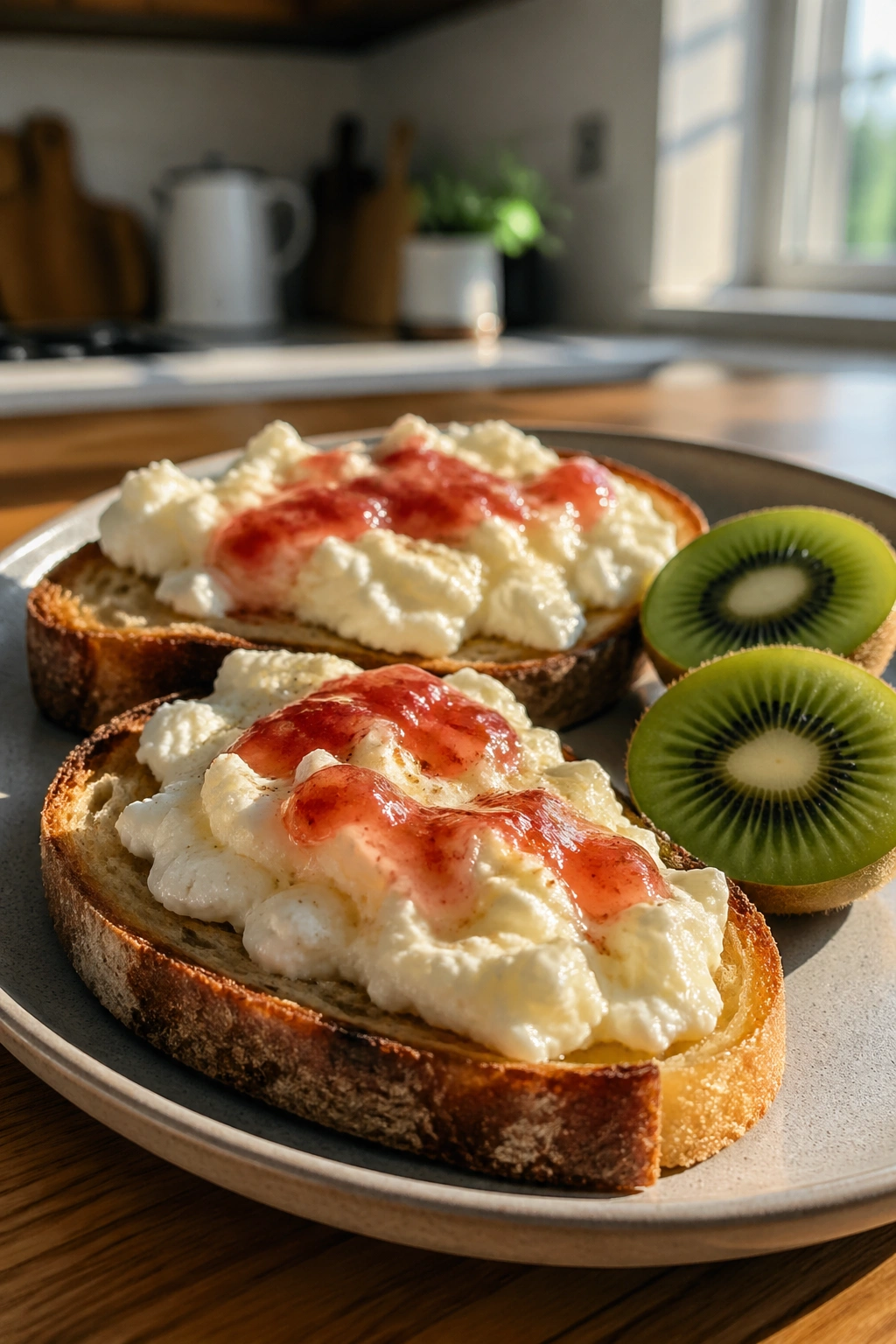 Close-up of egg white sourdough toast with jam and a kiwi on a breakfast plate.