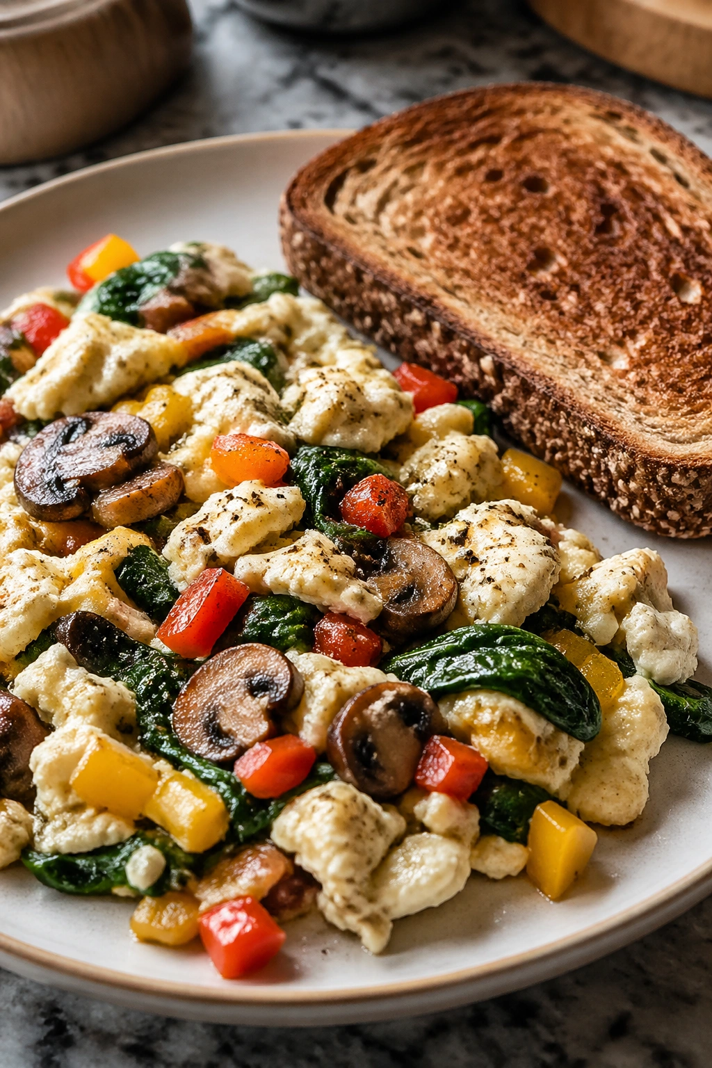 Plate of egg white veggie scramble with toast on a warm kitchen counter