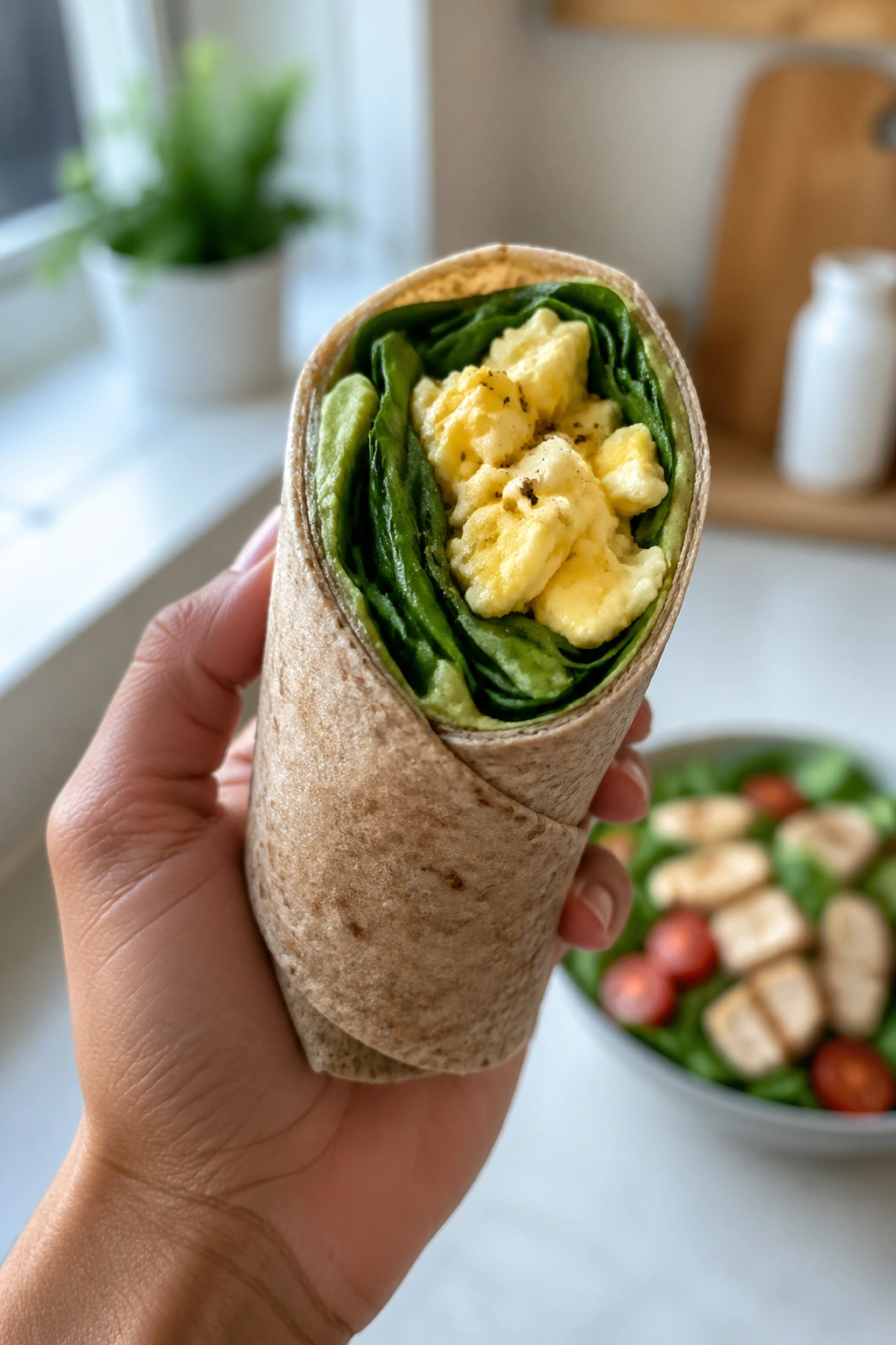 Hand holding egg wrap filled with eggs and spinach in a kitchen
