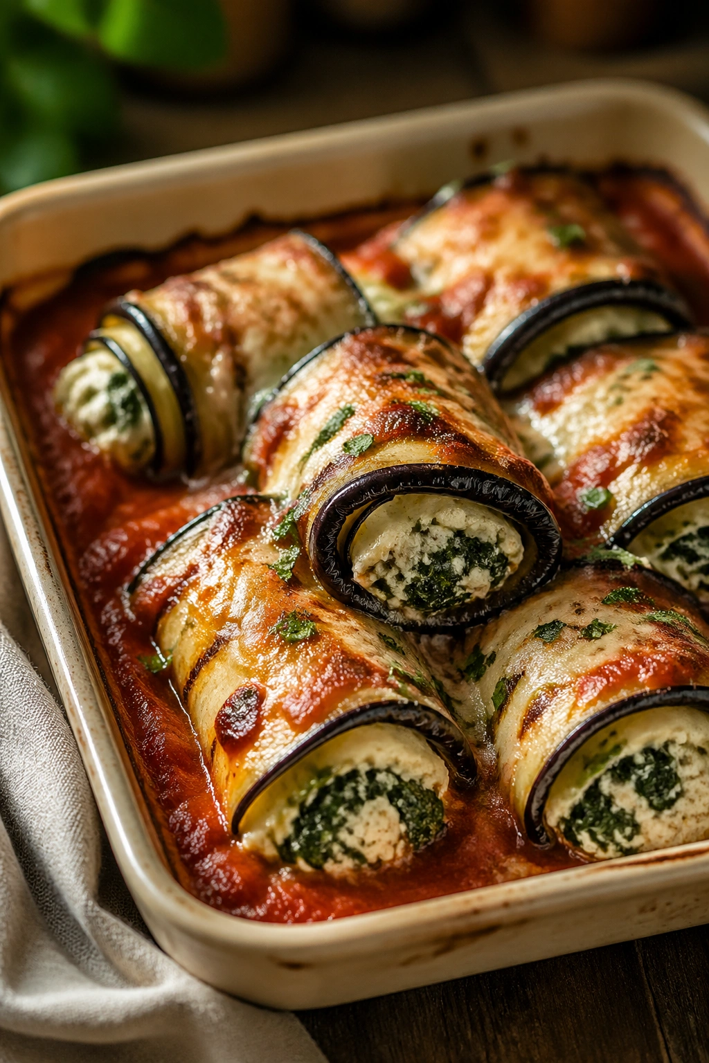 Close-up of baked eggplant parmesan roll-ups in a baking dish