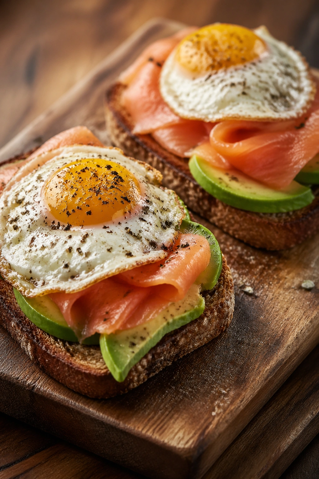 Close-up of toast with eggs, avocado, and smoked salmon