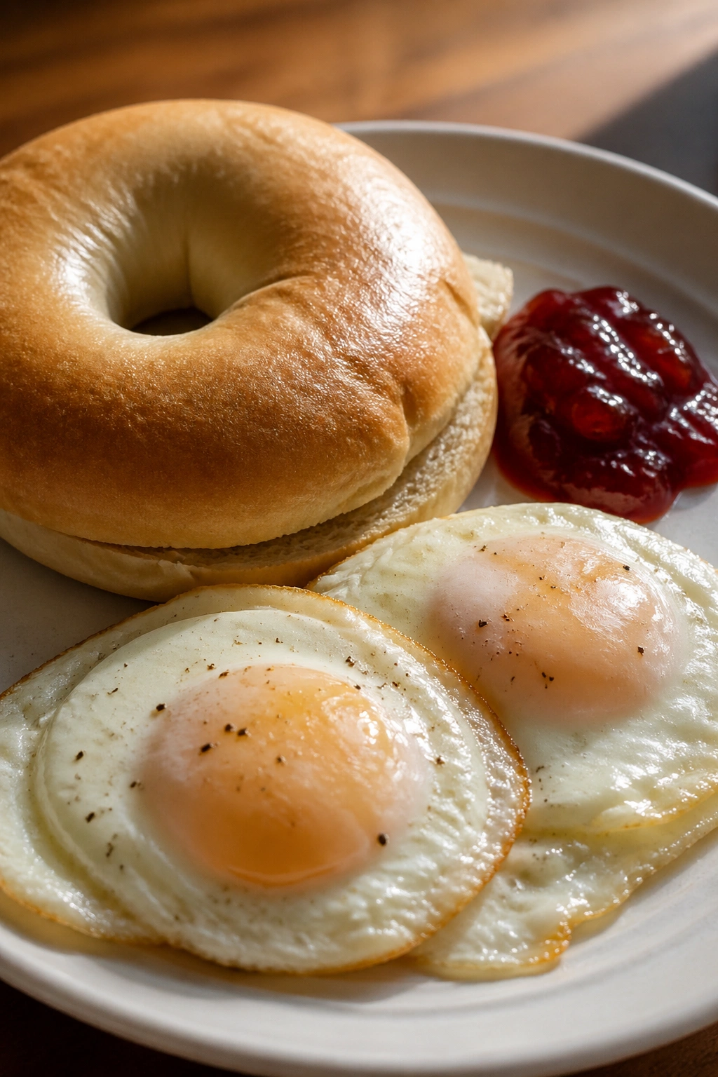 Eggs, bagel, and jam on breakfast plate