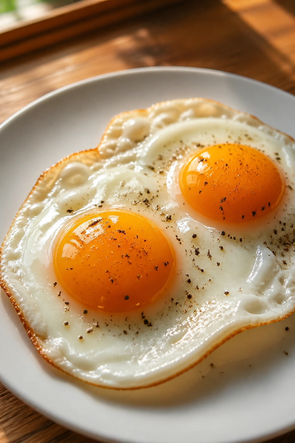 Close-up of two sunny-side-up eggs on a plate in a warm kitchen