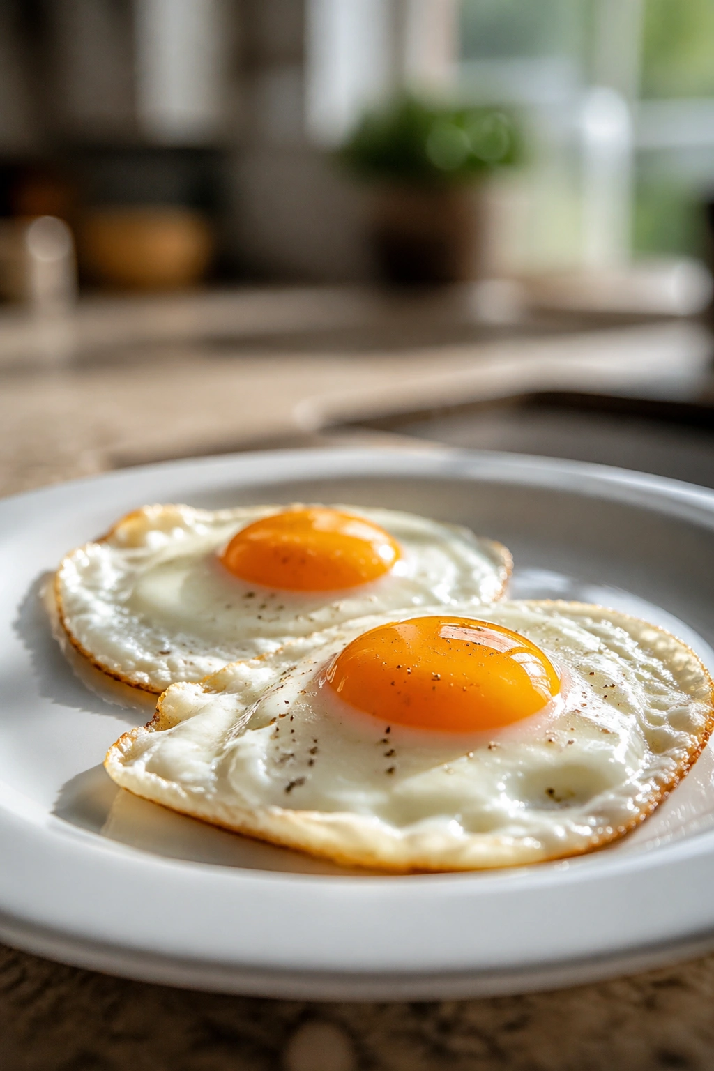 Close-up of two sunny-side-up eggs on a plate in a warm kitchen setting