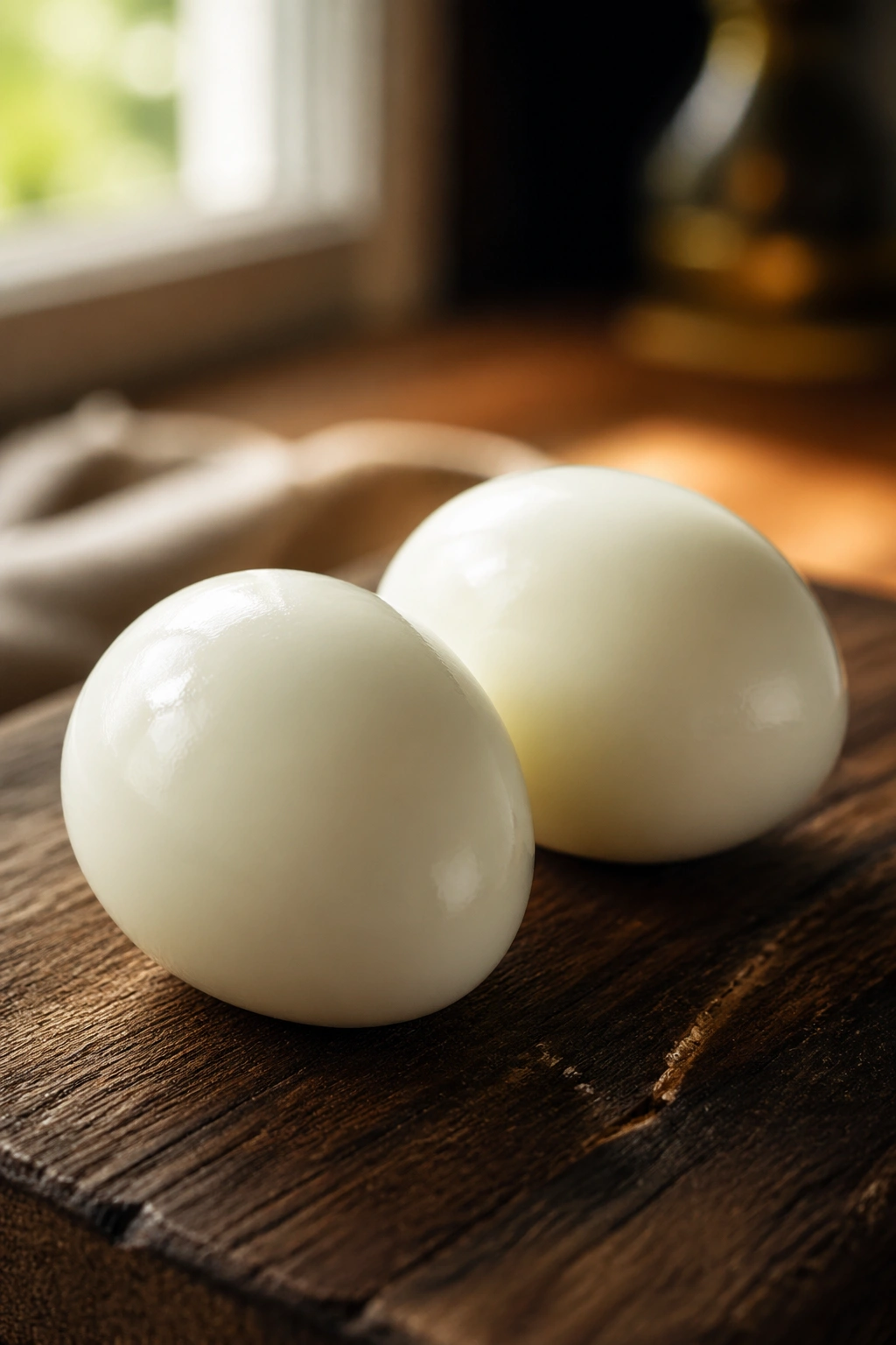 Two boiled eggs on a rustic wooden board with warm kitchen light