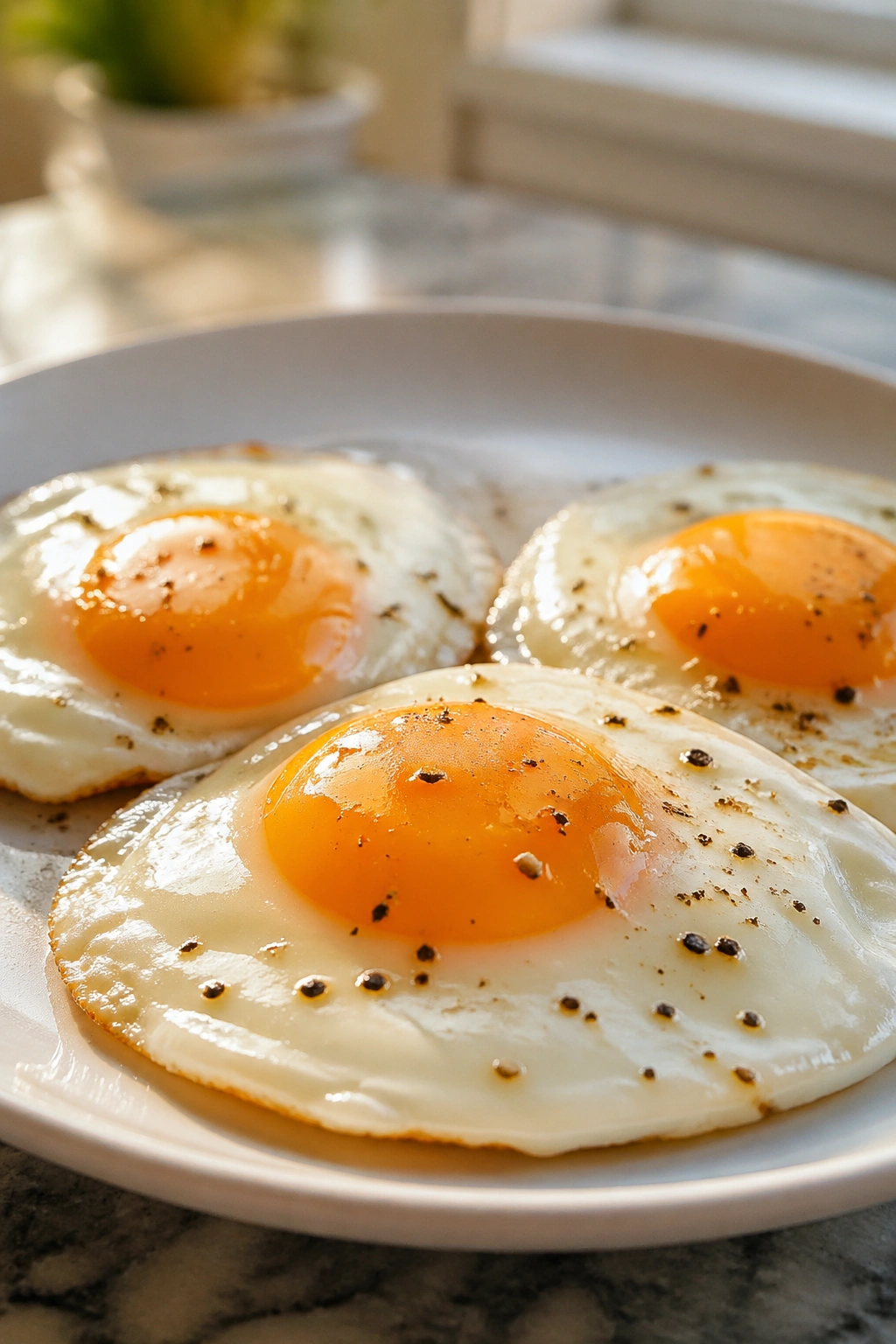 Close-up of two to three eggs on a plate in a warm kitchen