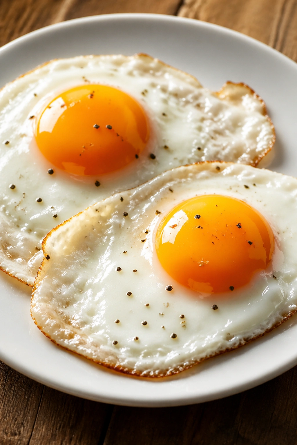 Close-up of two sunny-side-up eggs filling the frame on a kitchen counter