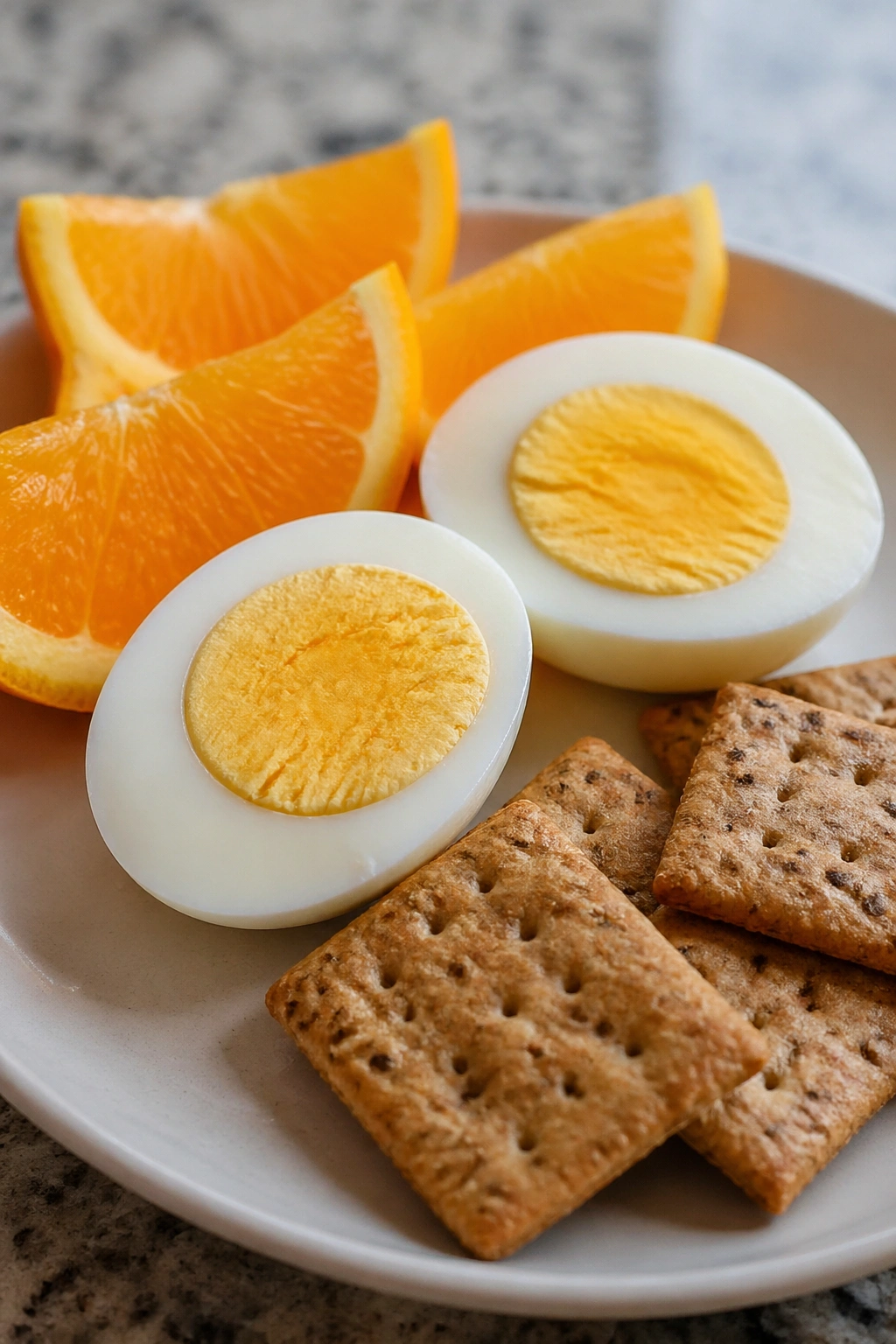 Hard-boiled eggs with fruit and crackers on a plate