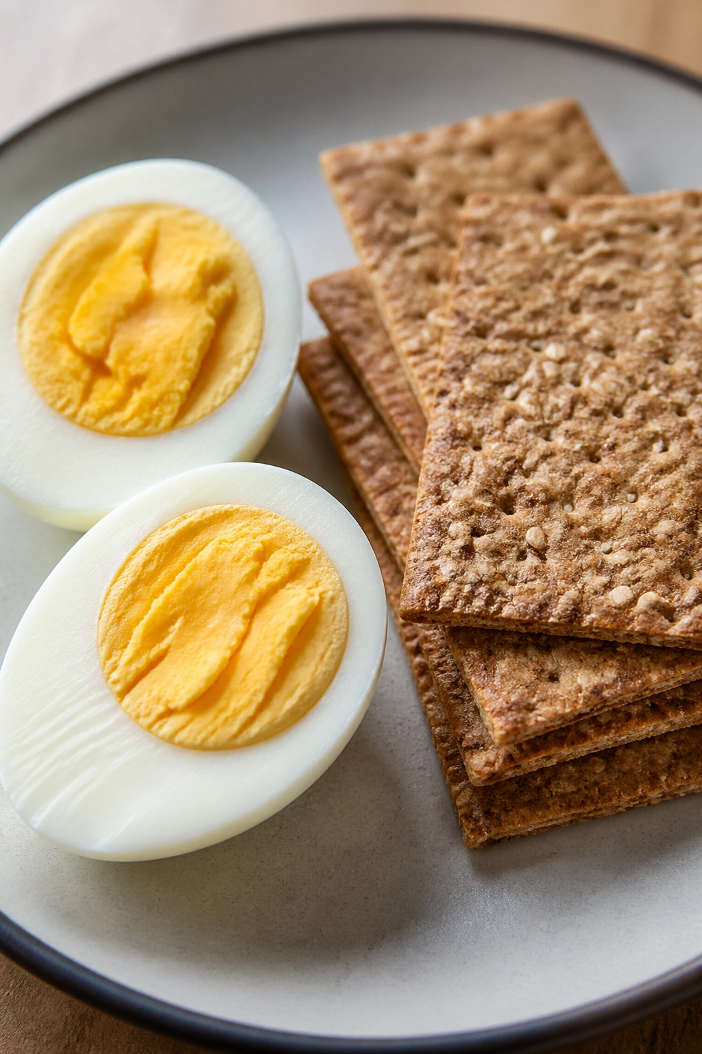 Close-up of hard-boiled eggs and crackers on a plate for a post-workout snack