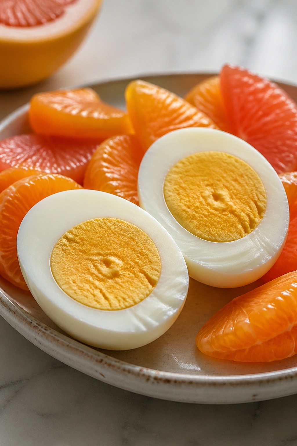 Close-up of eggs with fruit on a plate