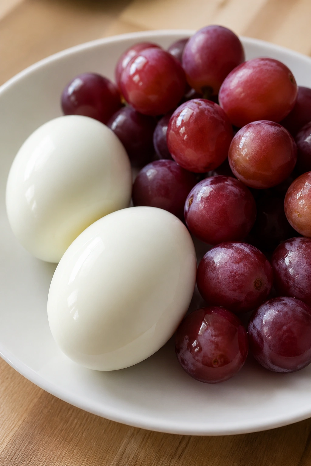 Two hard-boiled eggs with grapes on a plate