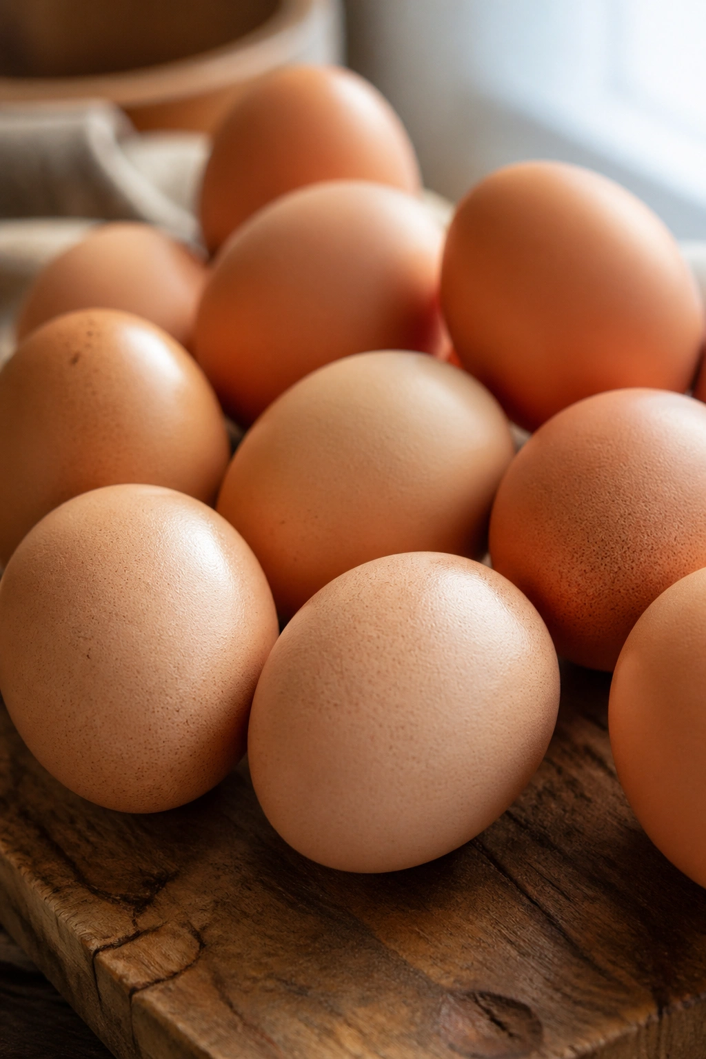 Close-up of fresh eggs on a rustic wooden cutting board in a warm kitchen