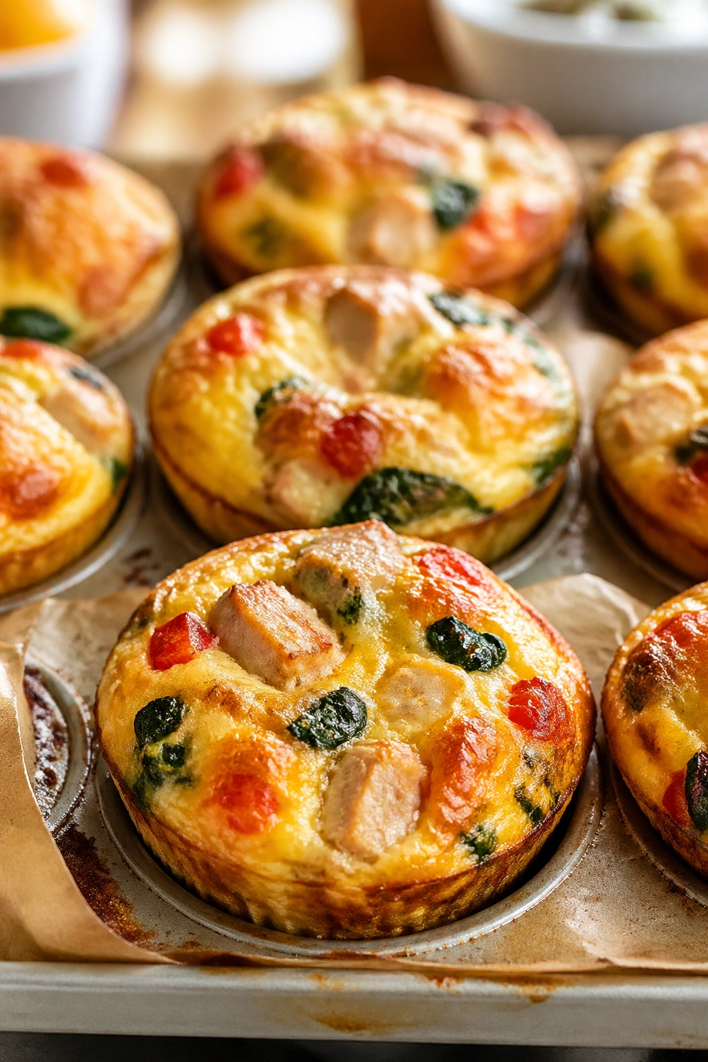 Close-up of turkey and veggie egg muffins on a muffin tin