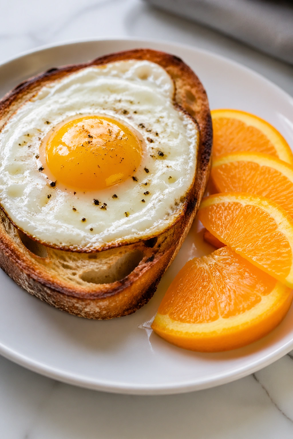 Close-up of eggs on toast with orange slices on a plate in a sunny kitchen