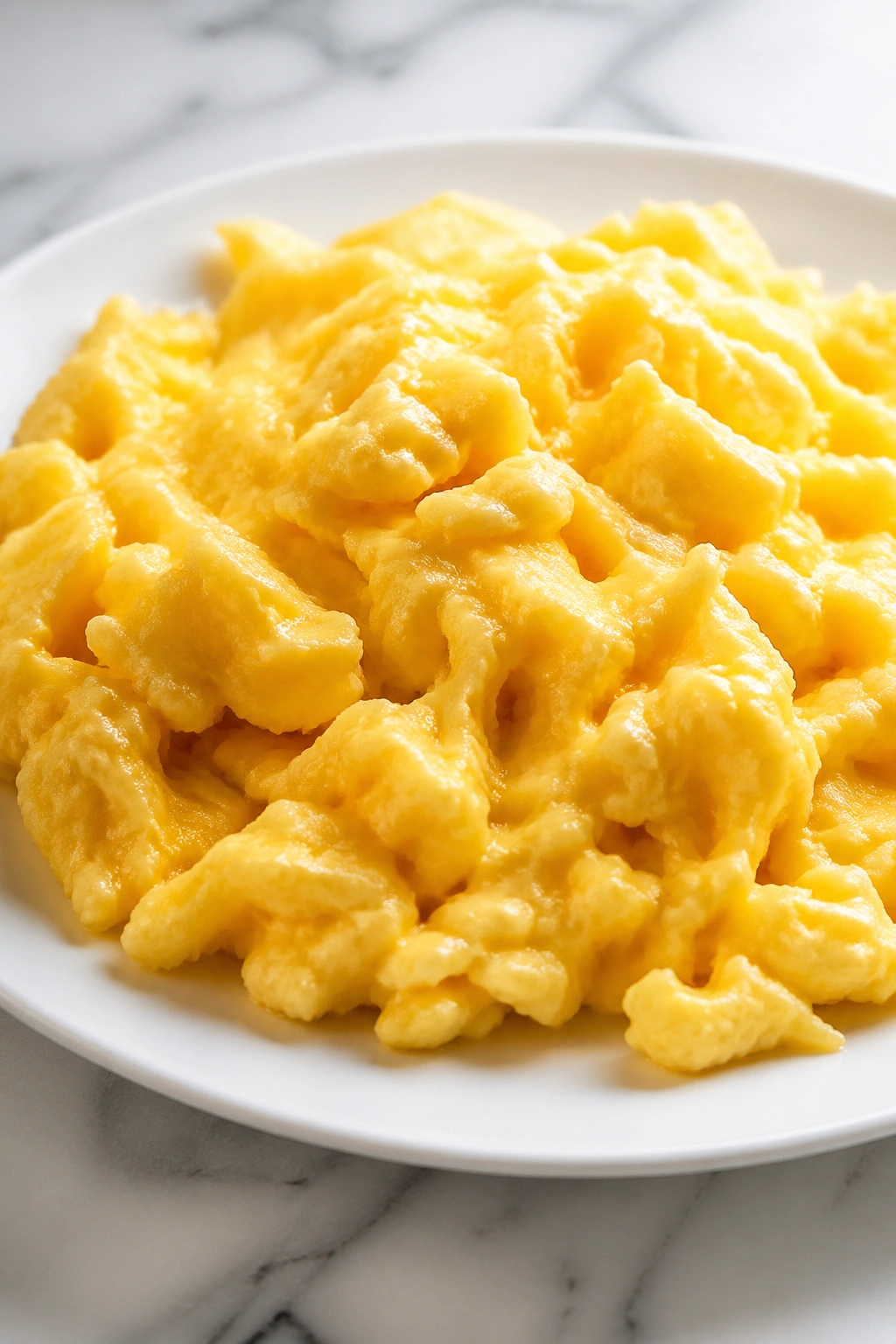 Close-up of scrambled eggs on a plate in a sunlit kitchen