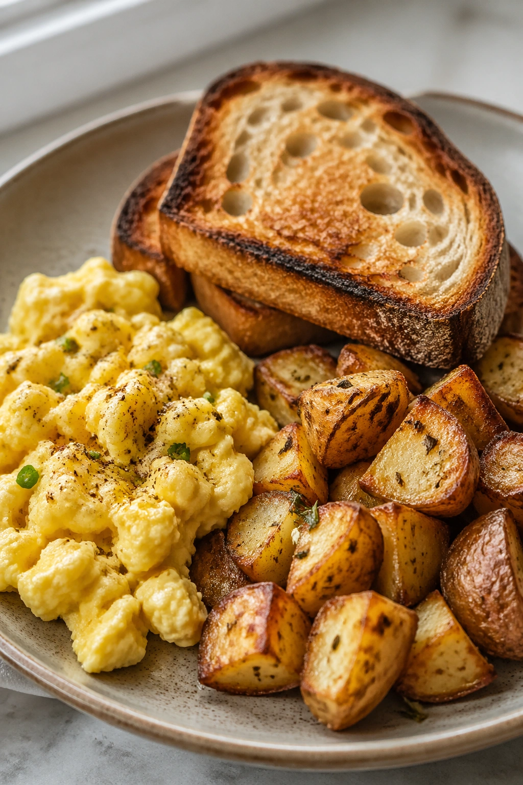 Close-up of eggs, potatoes, and sourdough toast on a plate