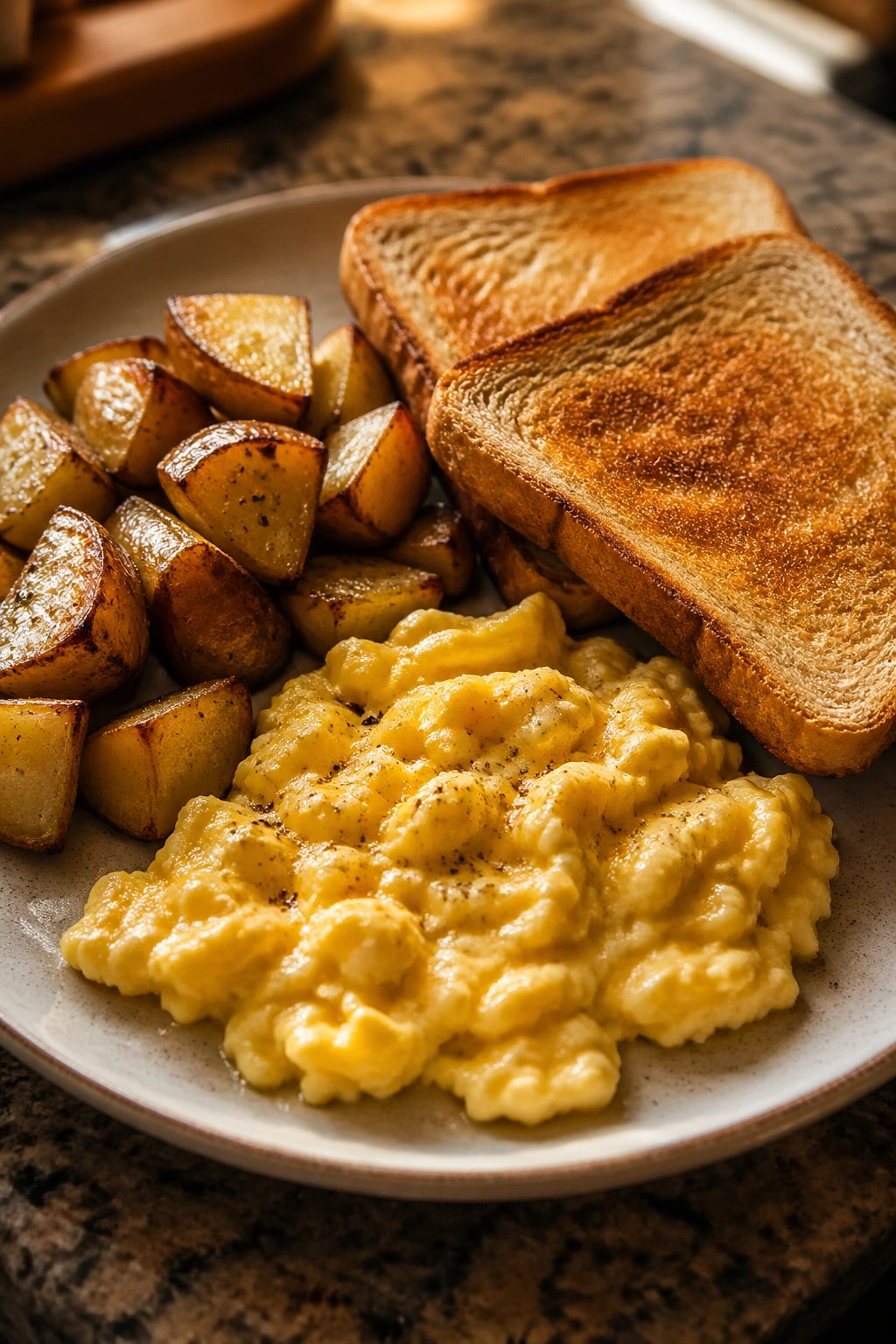 Plate of eggs, potatoes, and toast for post-workout recovery.
