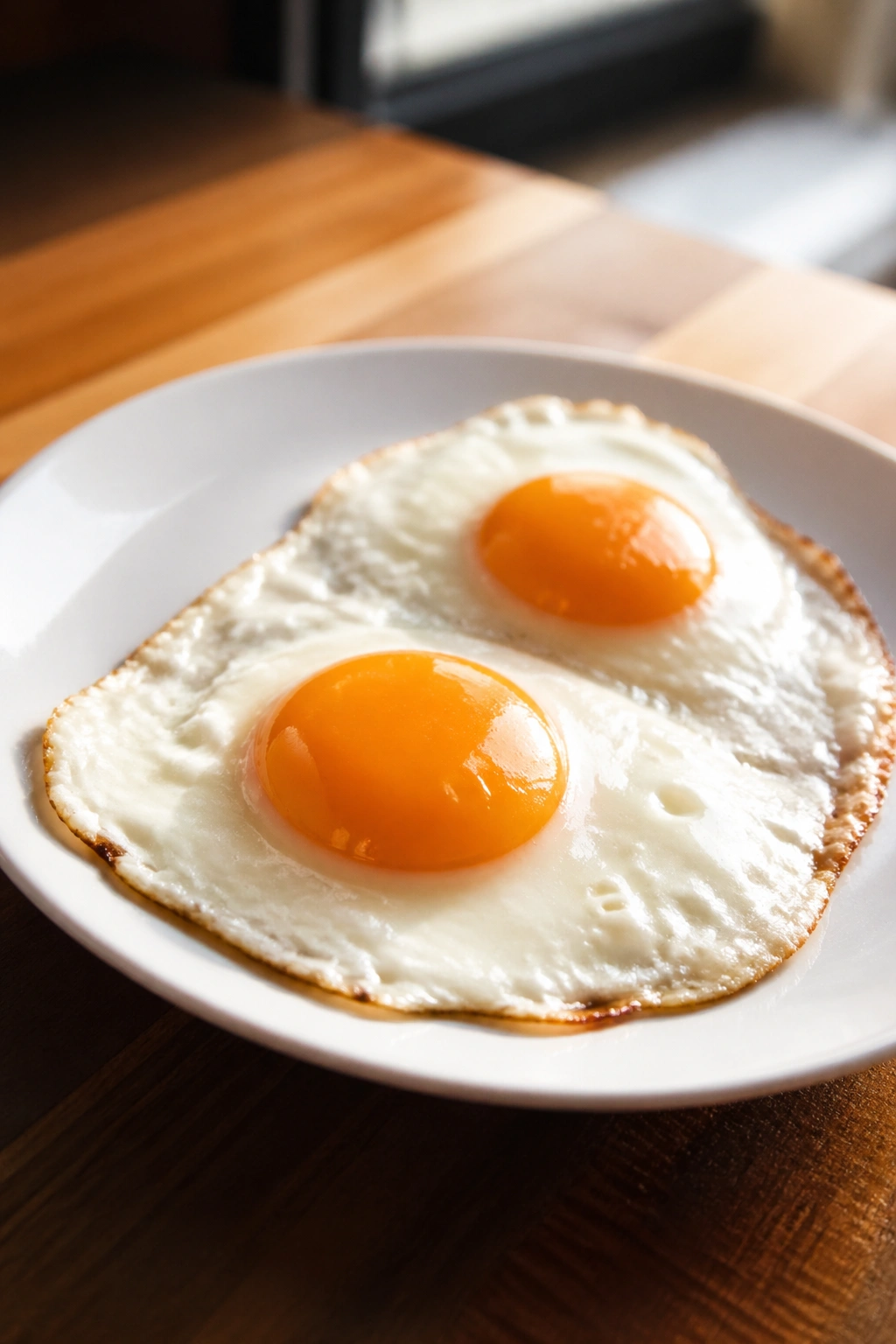 Close-up of two sunny-side-up eggs on a plate in a warm kitchen.