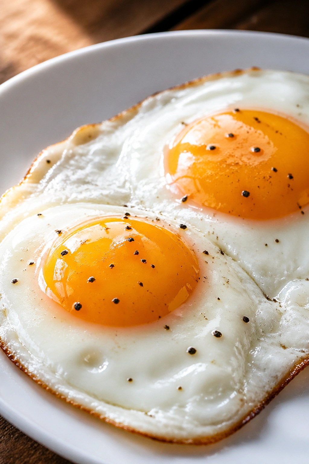 Close-up of sunny-side-up eggs on a plate in a warm kitchen