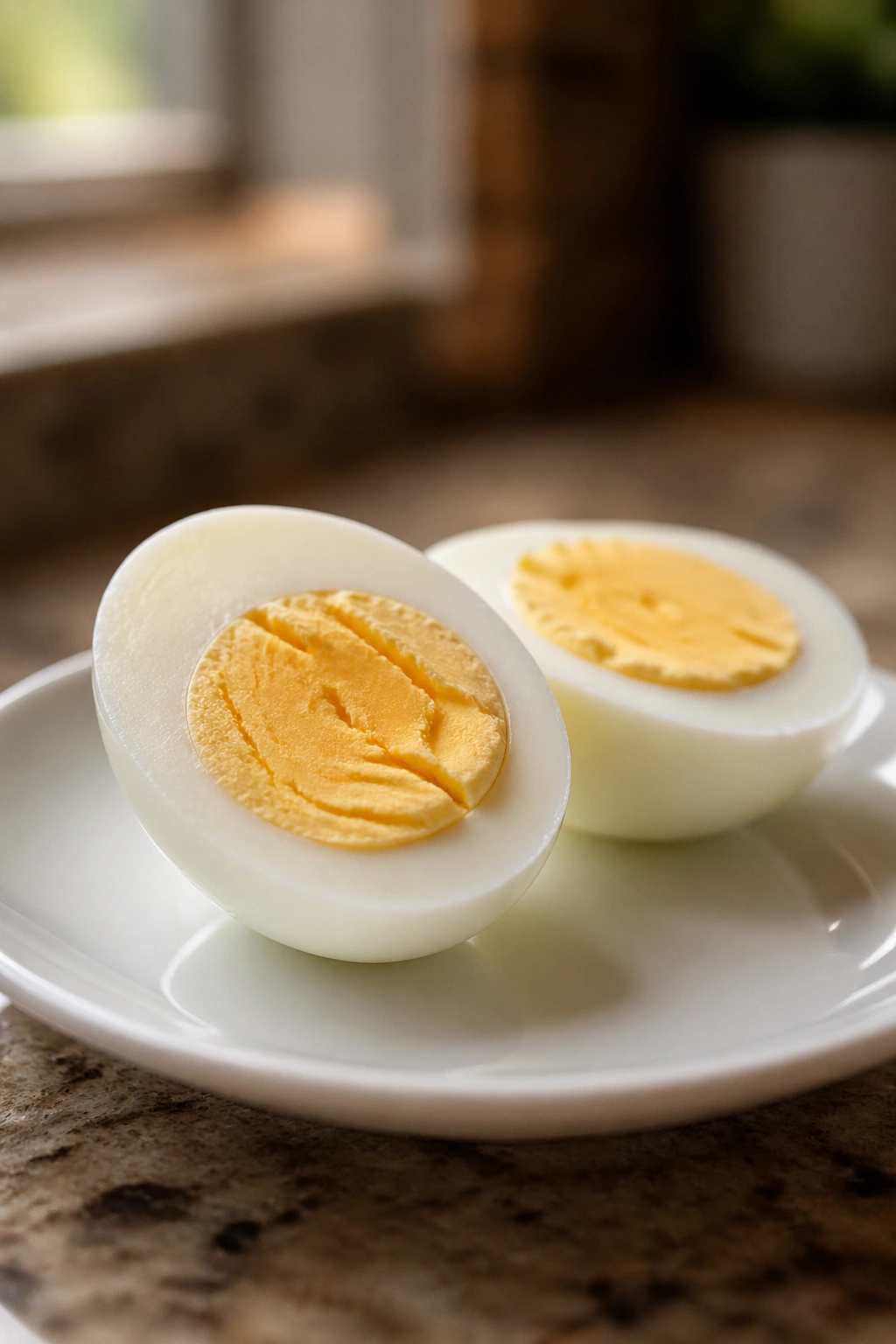 Close-up of two hard-boiled eggs on a plate in warm kitchen lighting.