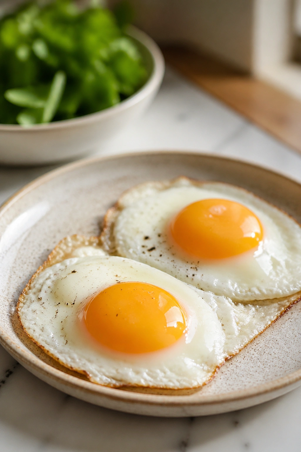 Two large eggs on a plate with a hint of greens in the background