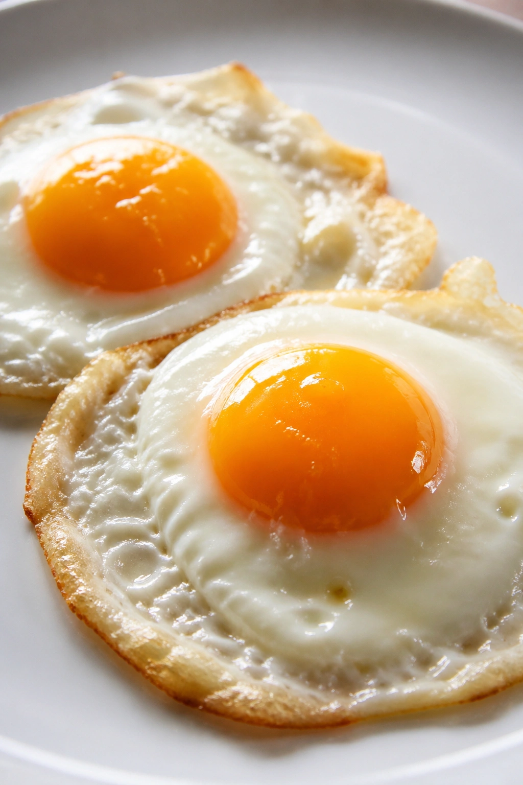Close-up of two sunny-side-up eggs on a white plate