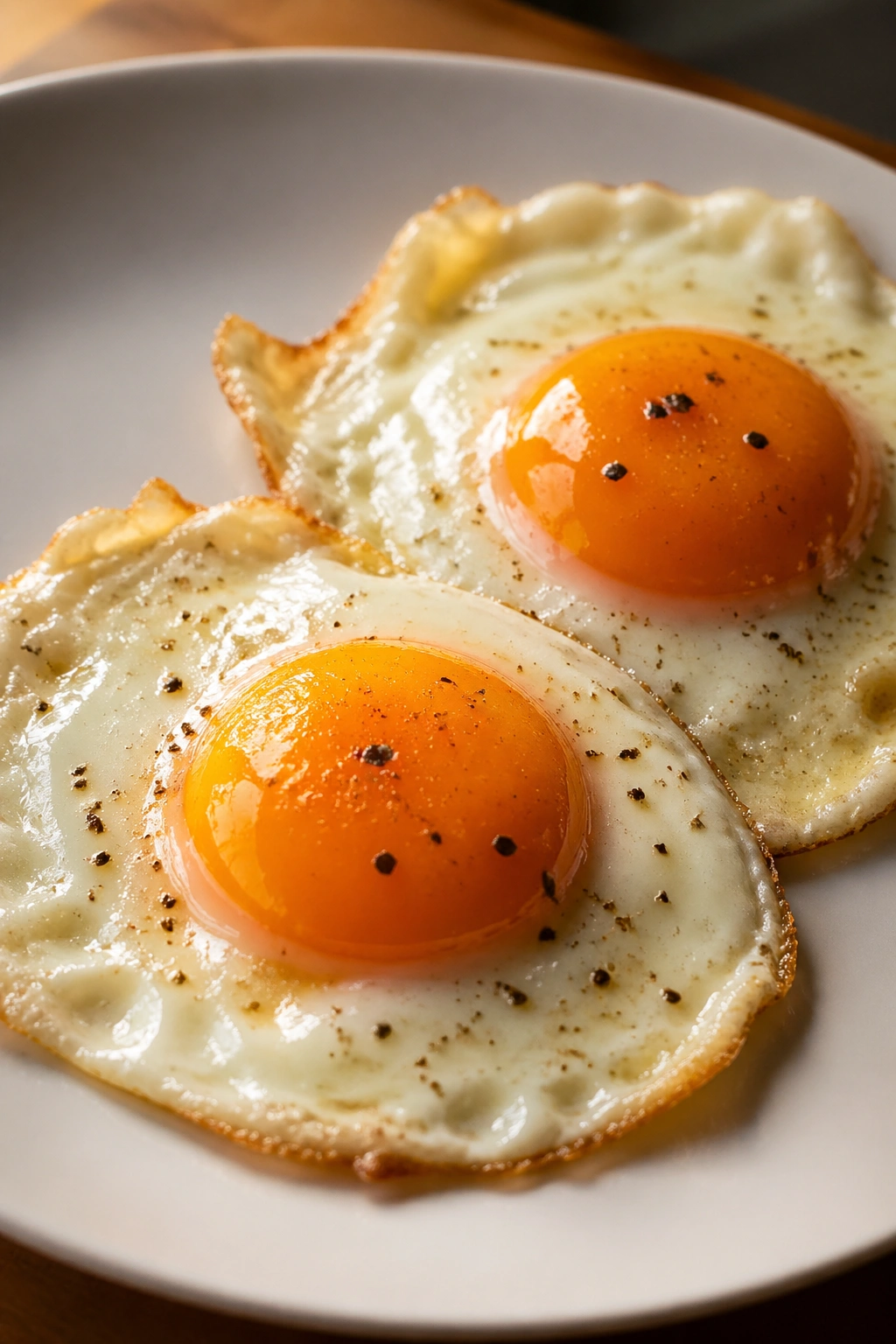 Two eggs on a white plate in a warm kitchen setting