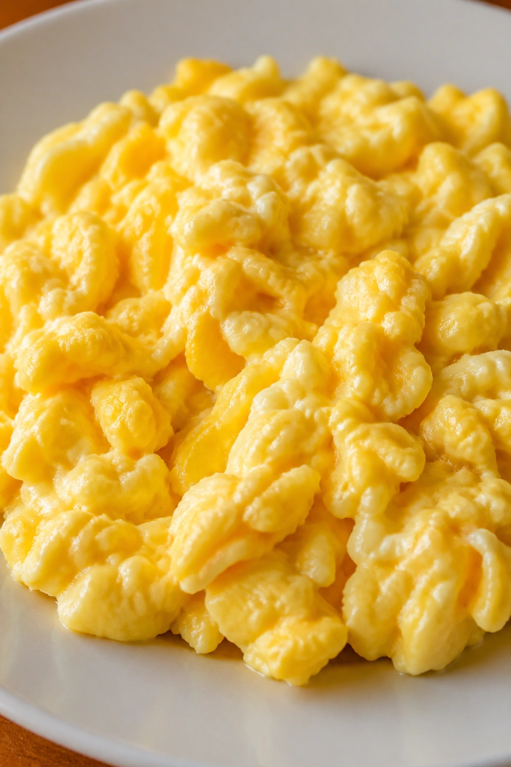 Fluffy scrambled eggs on a plate in a warm kitchen