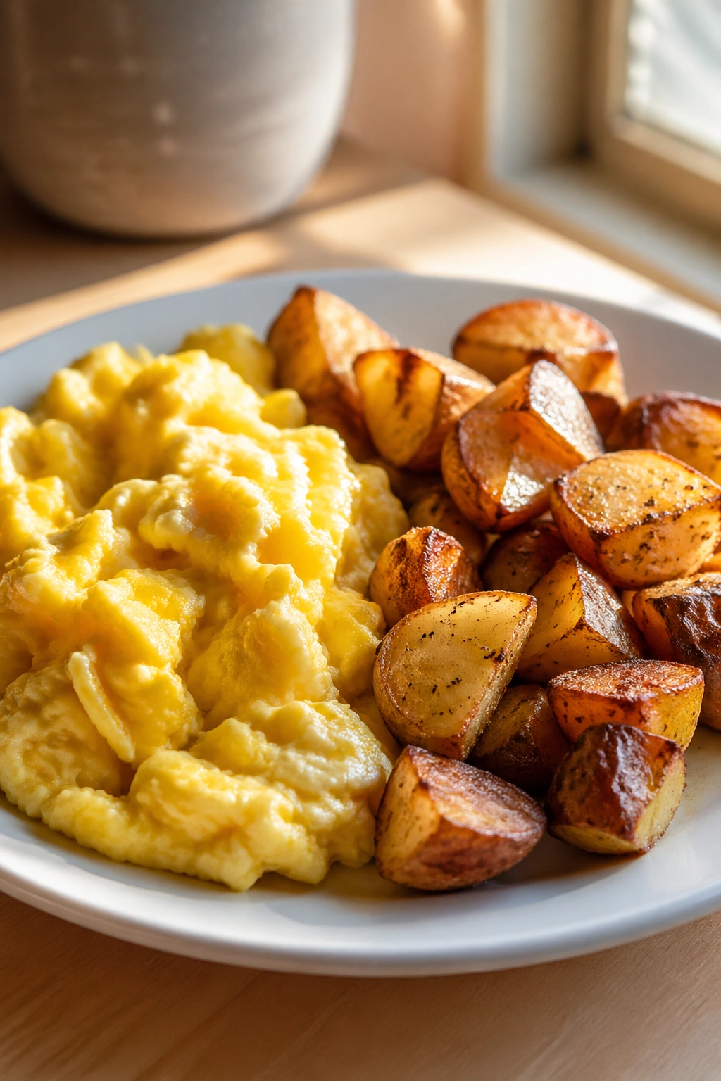 Plate of eggs with roasted potatoes, in a warm kitchen.