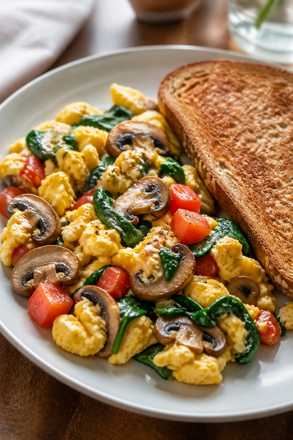 Close-up of veggie egg scramble with spinach, mushrooms, and tomatoes on a plate with whole-grain toast