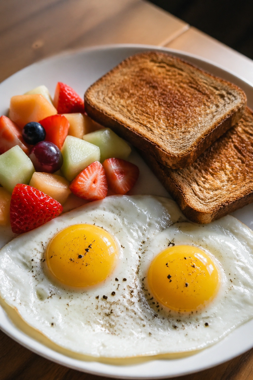 Plate with eggs, toast, and mixed fruit arranged for a post-workout snack