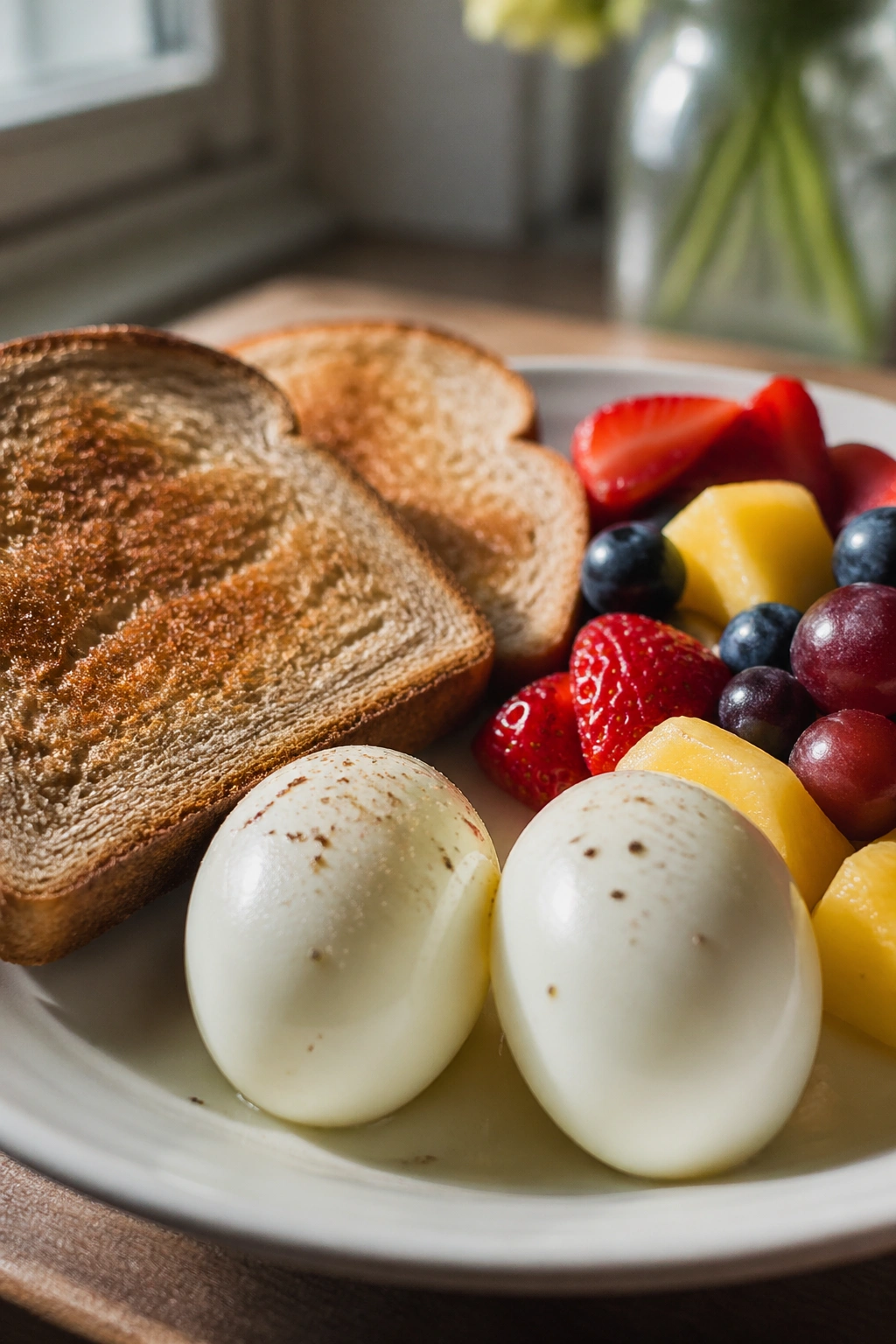 Breakfast plate with hard-boiled eggs, toast, and fresh fruit in morning light