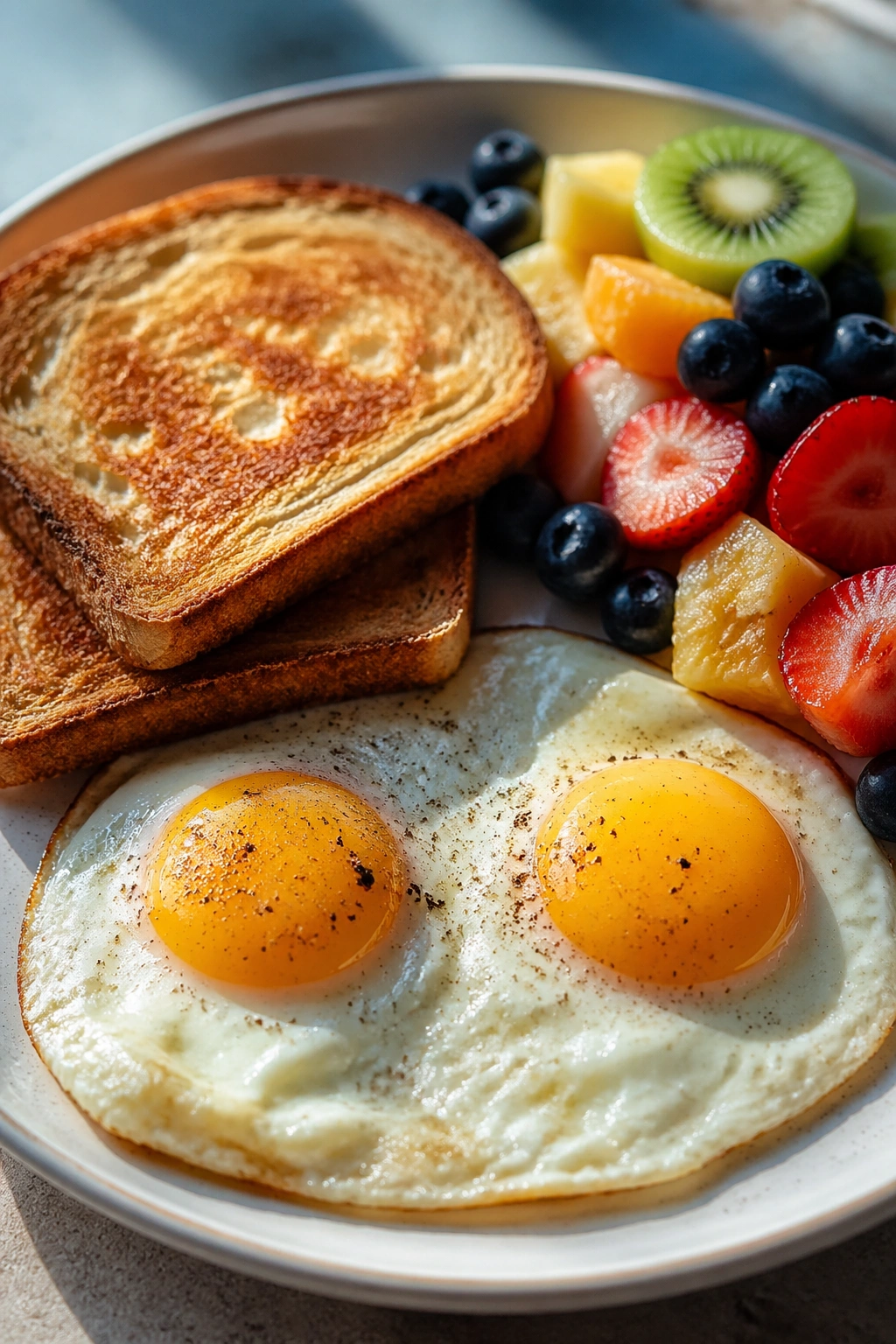 Eggs, toast, and fruit arranged on a plate under warm kitchen light.