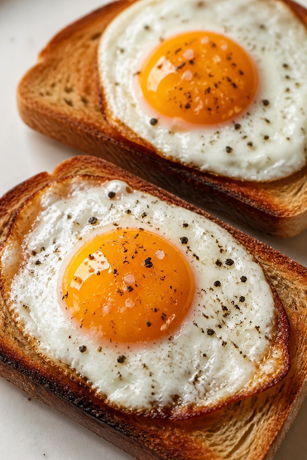 Close-up of two eggs on toast on a kitchen counter