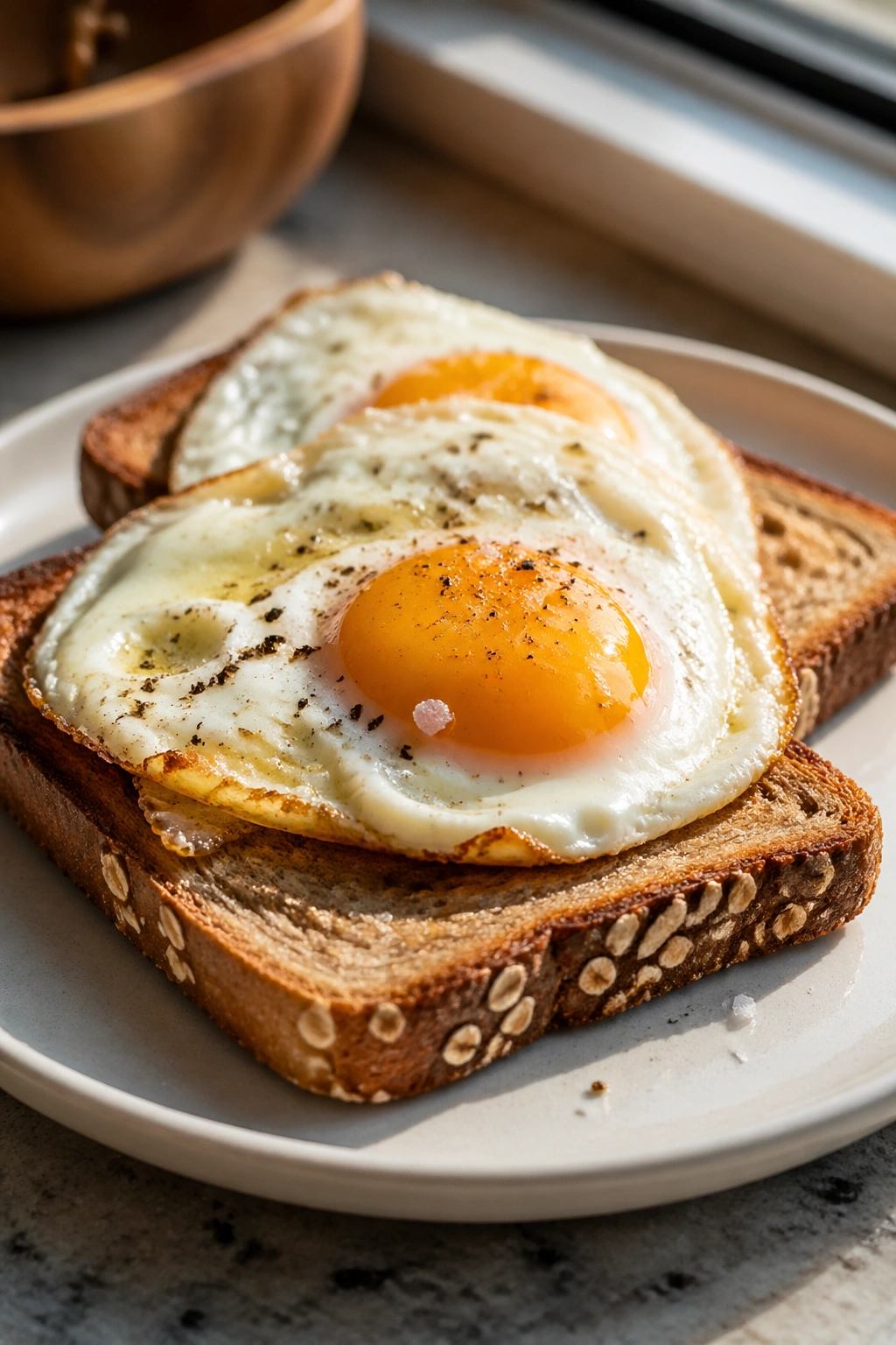 Close-up of eggs and toast on a plate in a cozy kitchen