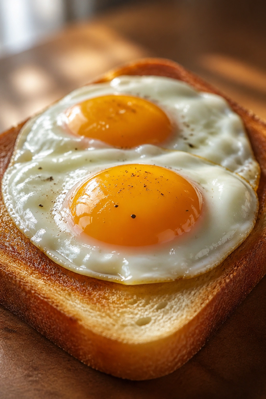 Close-up of two sunny-side-up eggs on toast in a warm morning kitchen