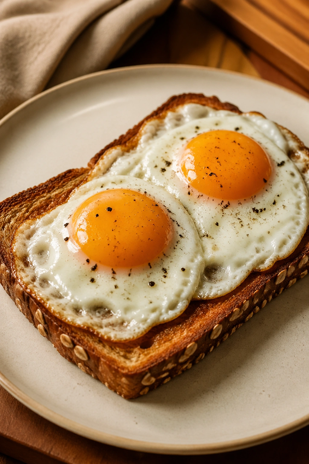 Close-up of eggs on toasted whole-grain bread on a plate