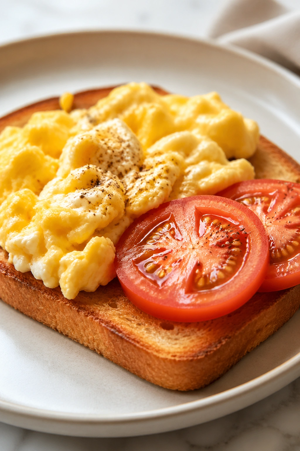 Close-up of eggs on toast with tomato on a plate