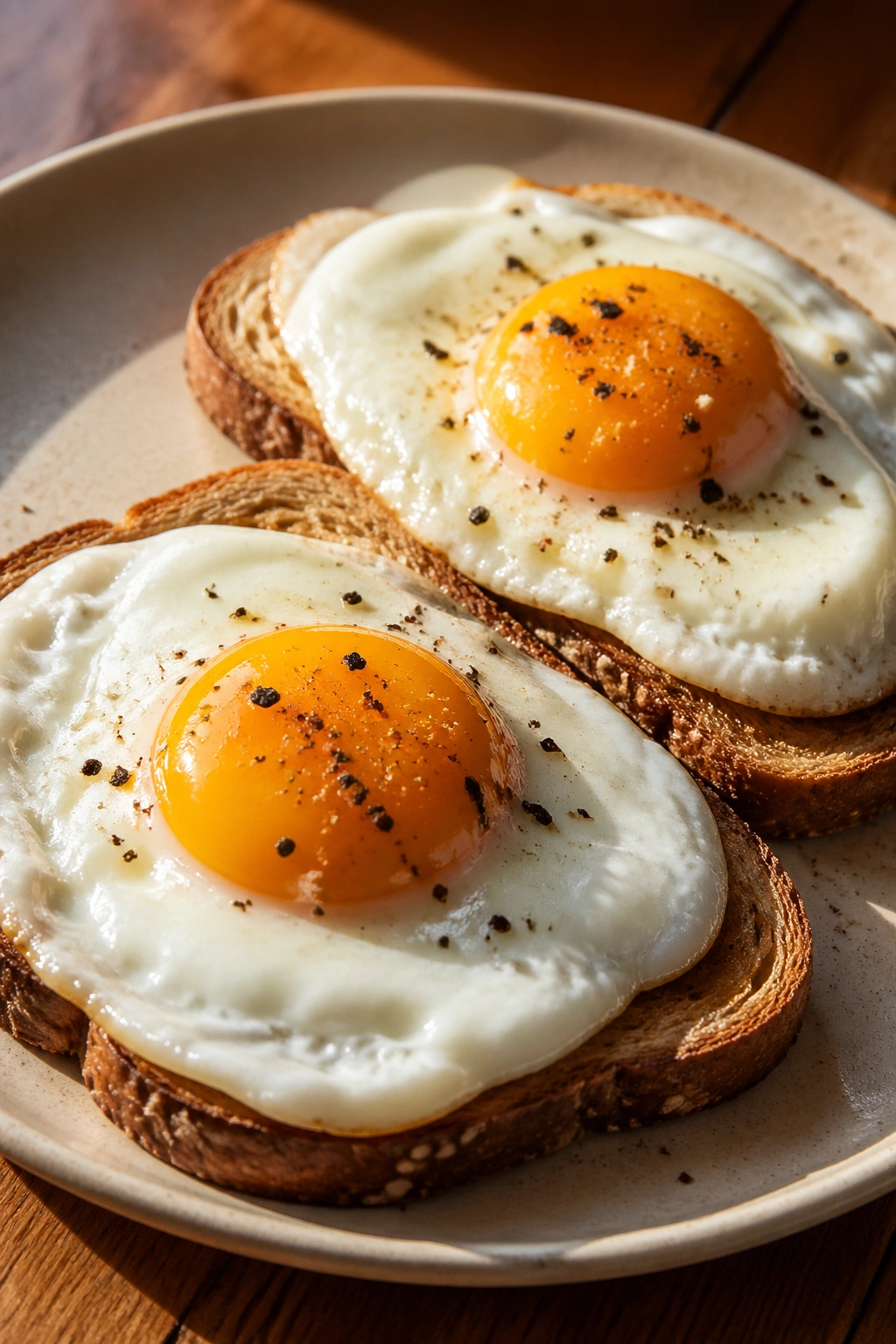Close-up of eggs and whole-grain toast on a warm kitchen table