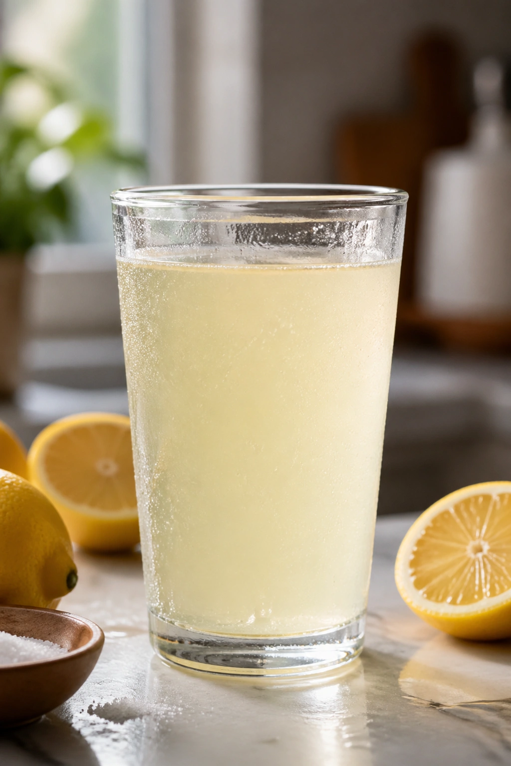 Clear glass of homemade electrolyte drink on a kitchen counter.