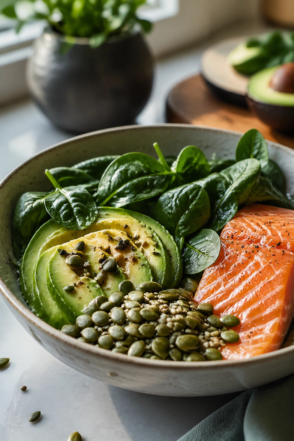 Bowl of electrolyte-rich foods including spinach, avocado and seeds.