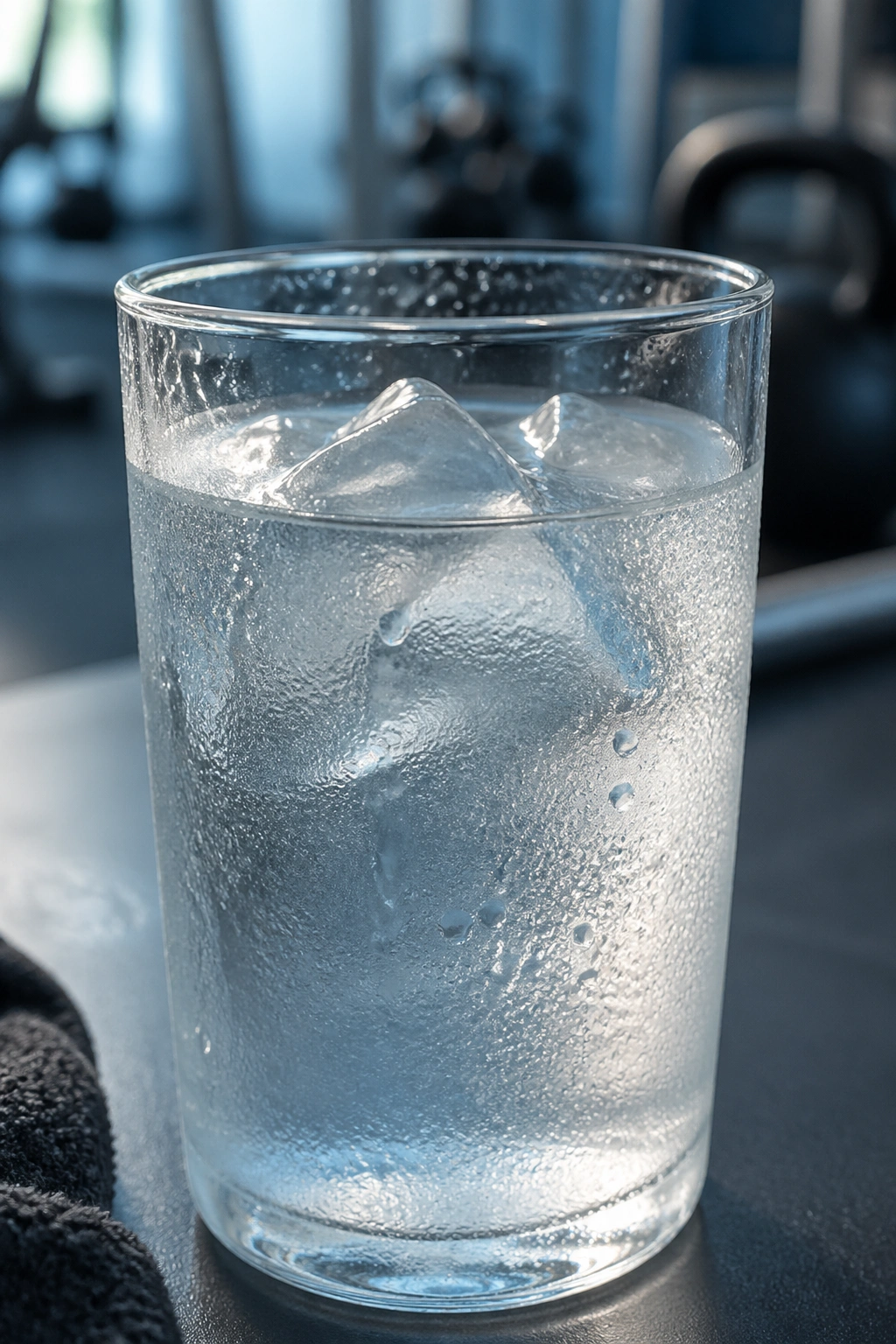Close-up of a glass of electrolyte water with condensation after sweating