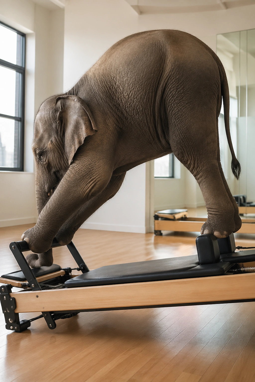 Medium-close photo of a person performing Elephant on a reformer in a Pilates studio, showing hamstrings and core engagement.