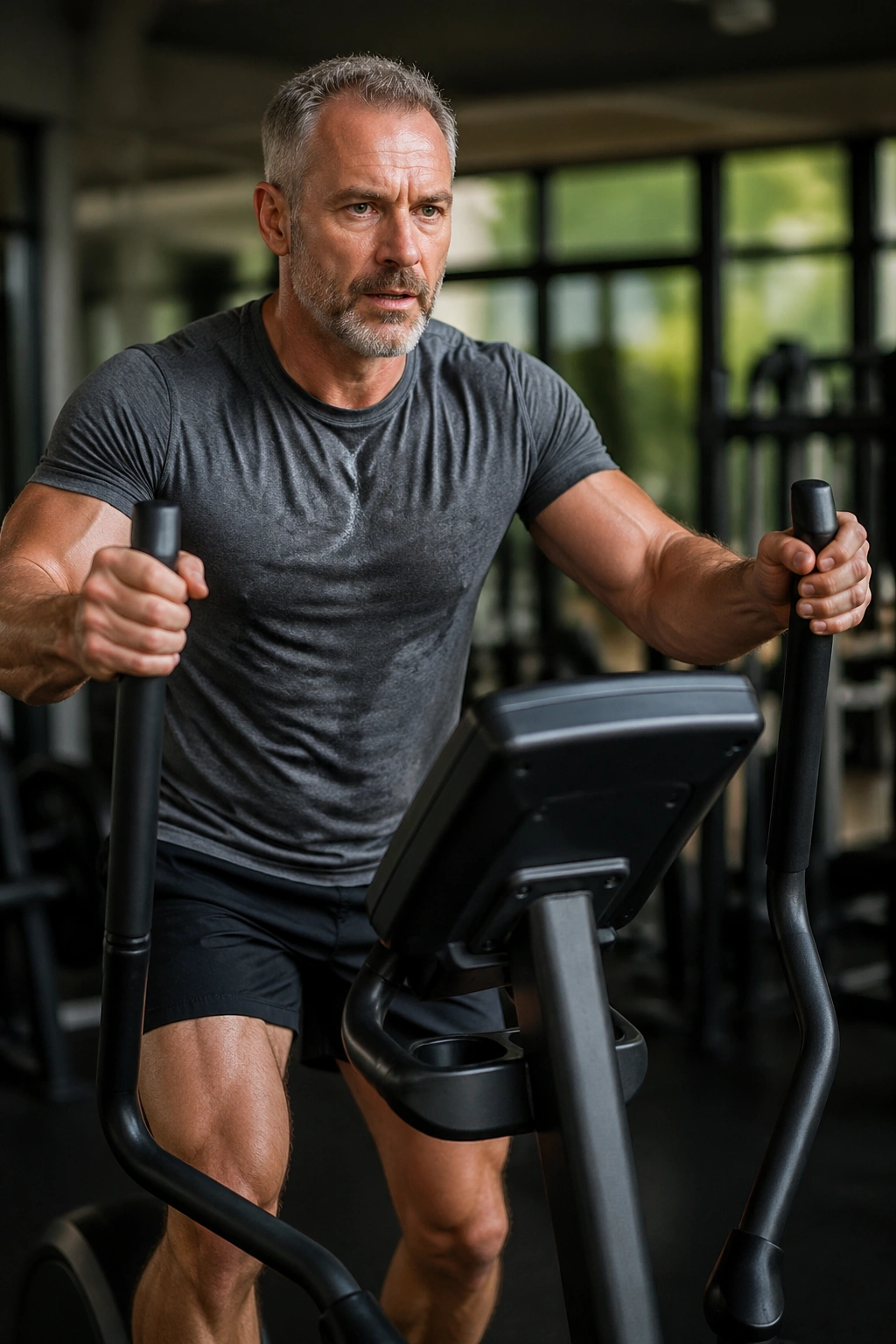 Person on elliptical machine mid-motion in gym