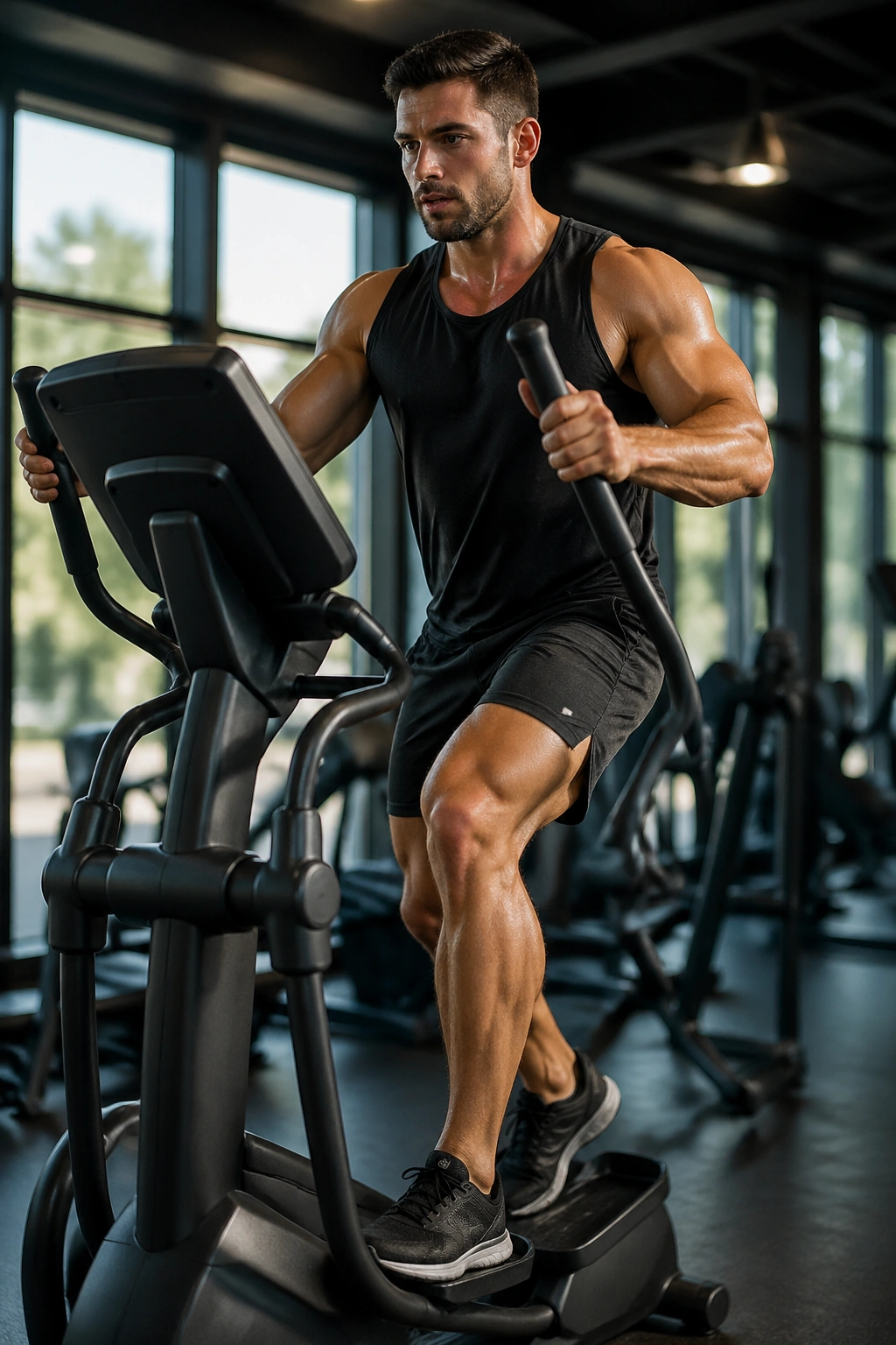 Close-up of a real athlete sprinting on an elliptical with high resistance in a gym