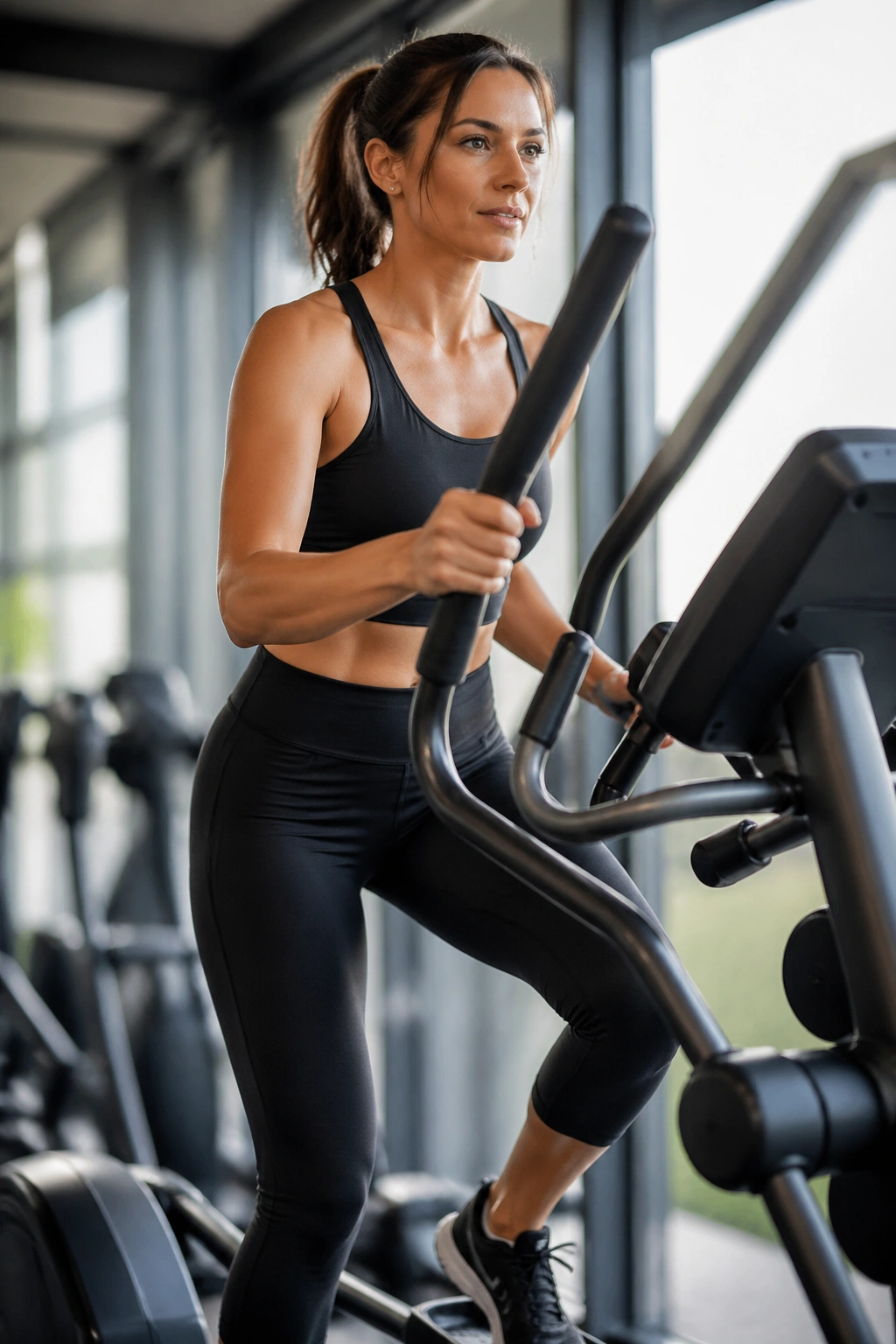Medium close-up of a person using an elliptical in a bright gym