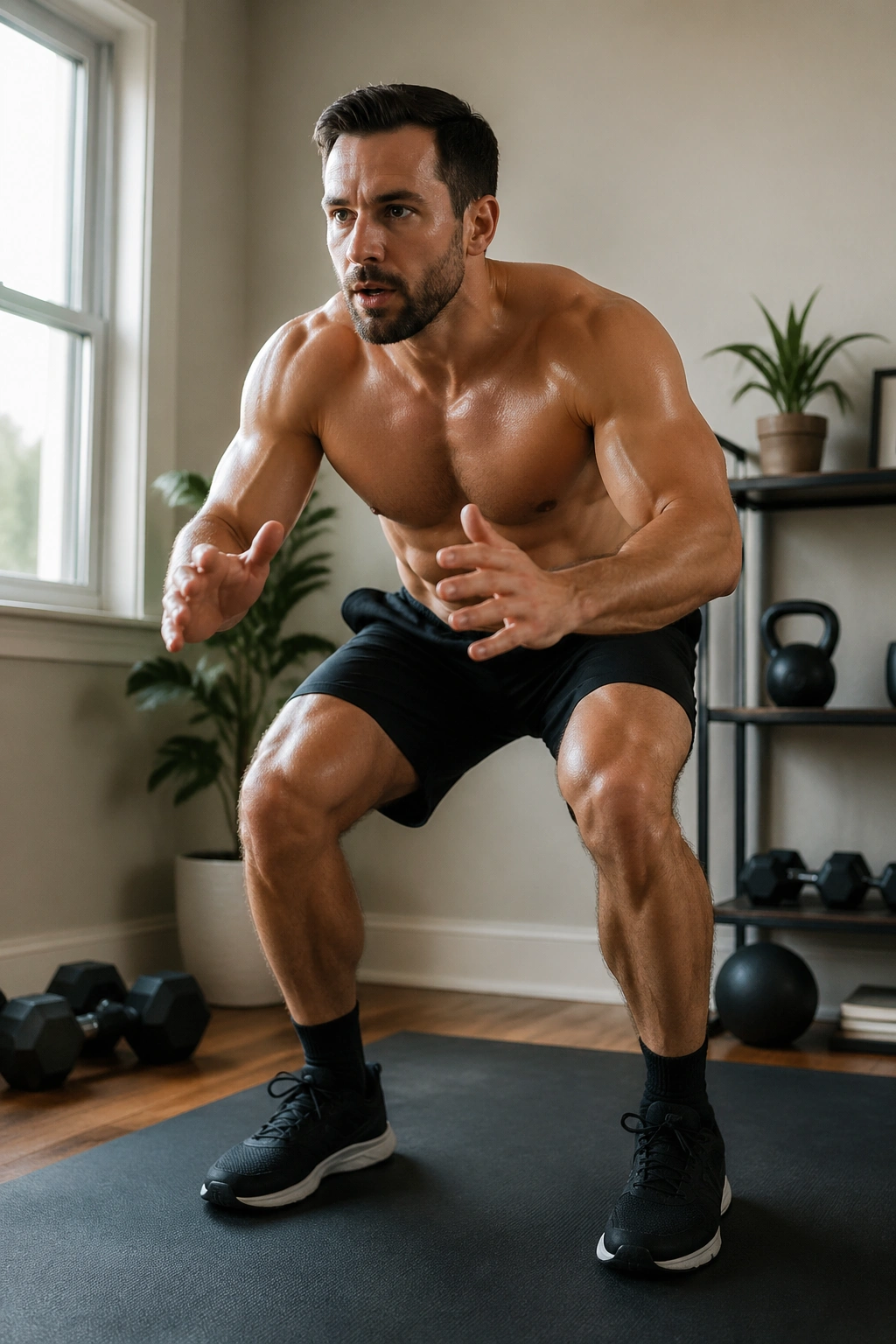 Person performing EMOM-style interval workout in a home gym