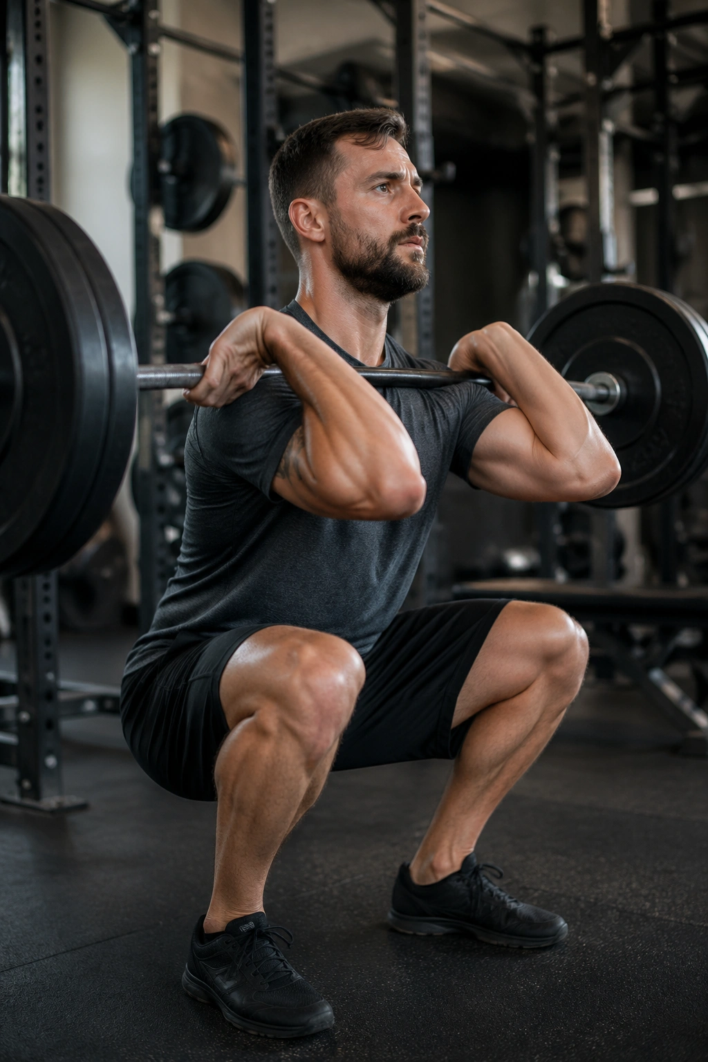 Medium-close portrait of athlete performing a front squat in a gym, emphasizing EMOM strength training